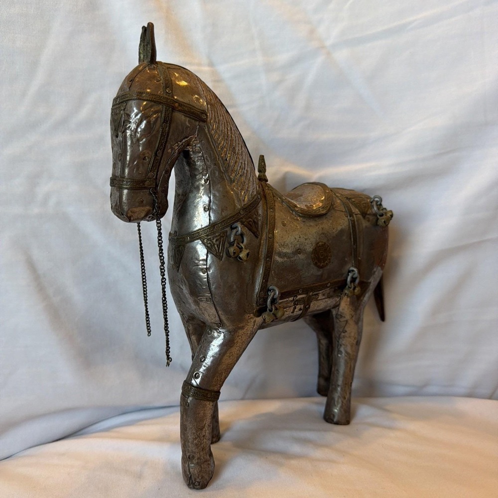 Vintage Indian Brass Clad Horse Statue Folk Art Sculpture Bells Chain Reins 8.5"